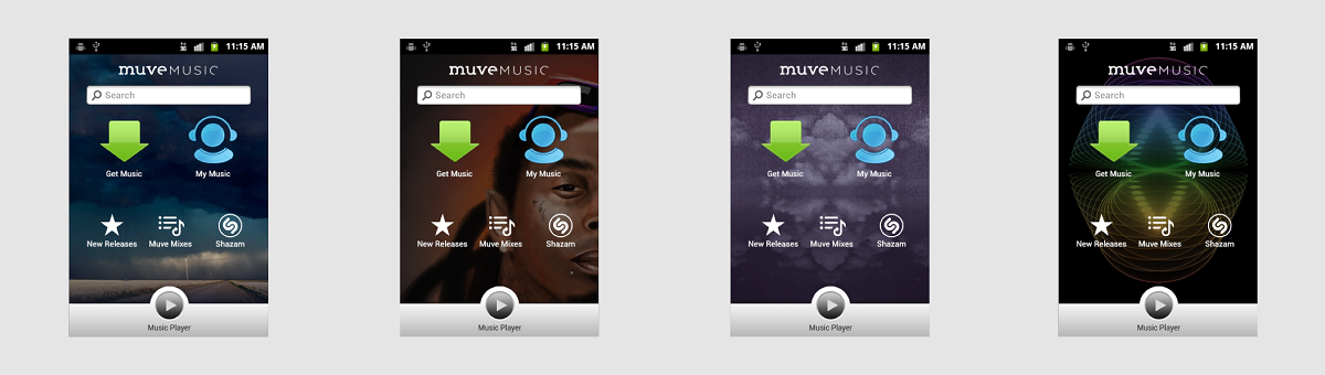 Muve Music 4.0: mood launch screens.