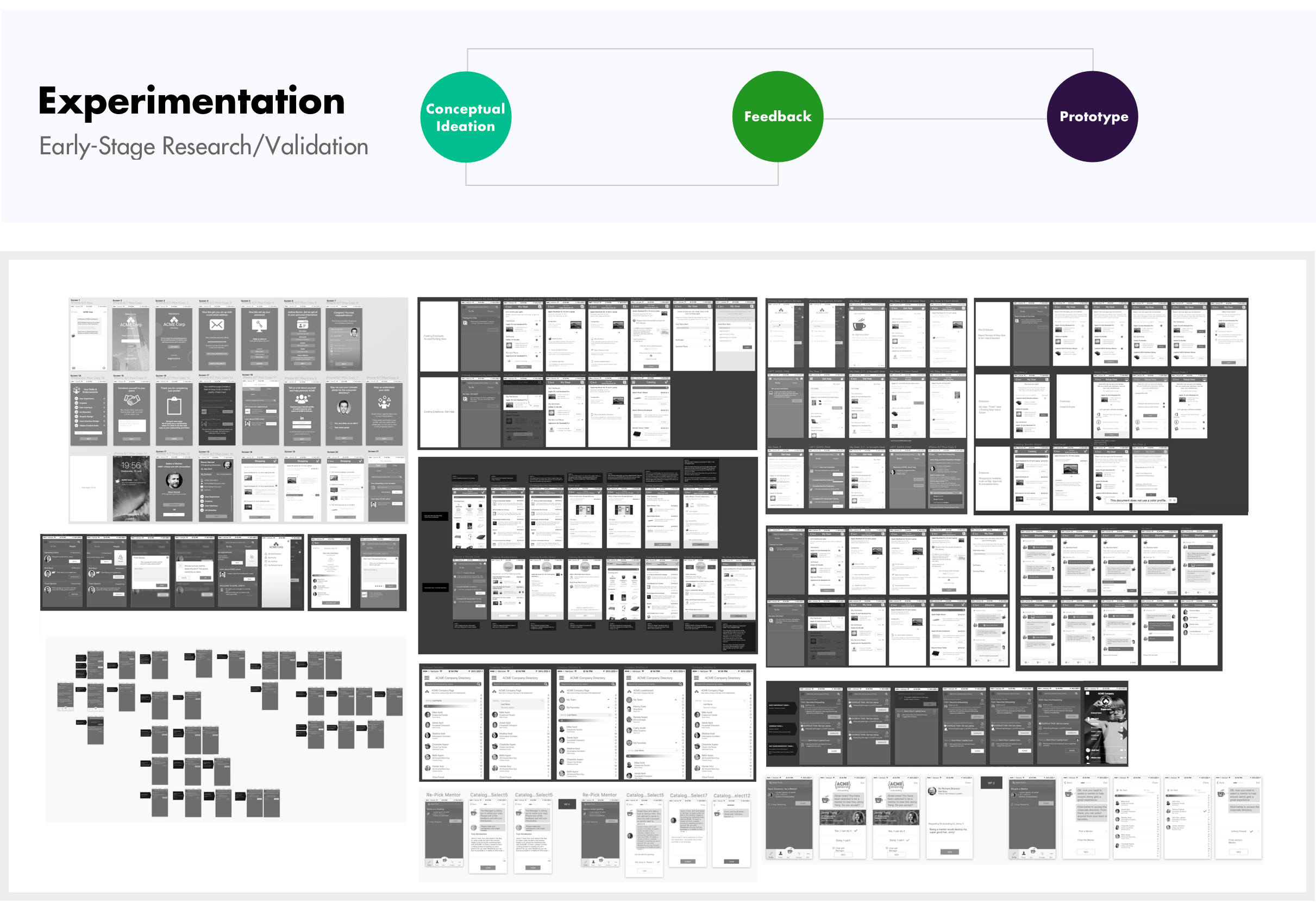 A collection of early wireframes.