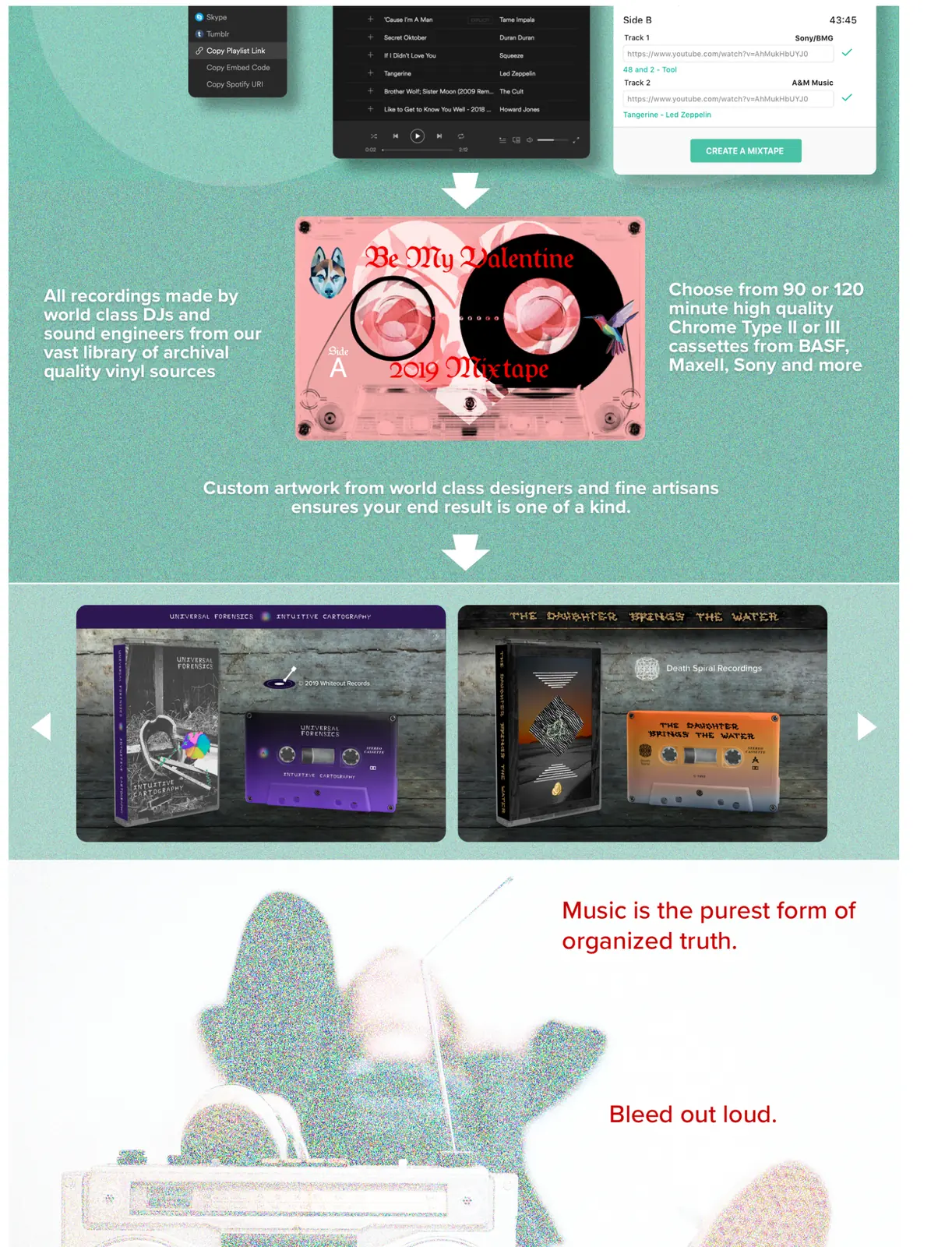 The 2018 Mixtapes.IO concept pages with cassette art